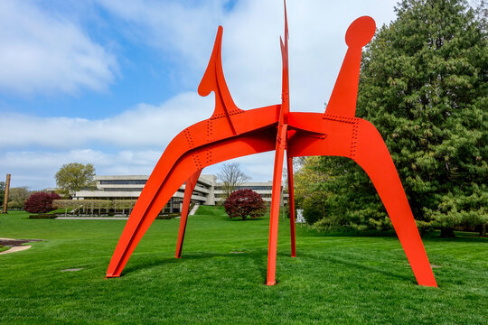 Purchase, NY - US - Apr 28, 2024 View of Alexander Calder&rsquo;s monumental public sculpture; Hats Off, standing proudly within the Donald M. Kendall Sculpture Gardens at the PepsiCo World Headquarters.