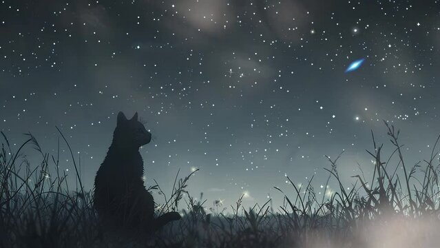 cat sitting at night enjoying the bright stars at night. cute cat animation. looping videos