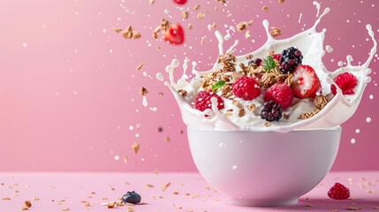 food photography of a bowl with yogurt, granola and berries on a pink background, white cream splashing in the air, colorful splashes, side view, low angle shot, close up, high resolution photography - Powered by Adobe