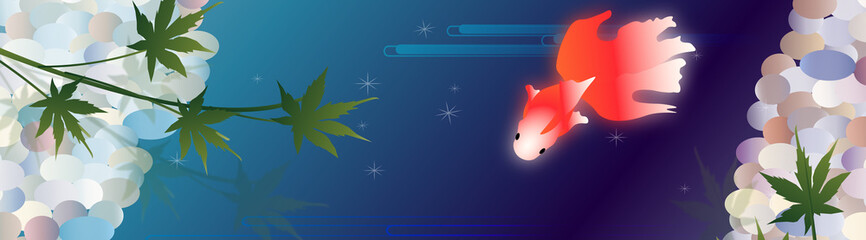 池の金魚と紅葉の日本の夏の風景のバナー素材