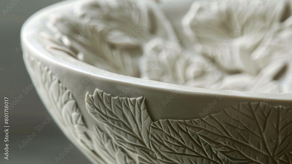 Poster a series of ceramic bowls with deep relief carvings that mimic the texture and patterns of natural f