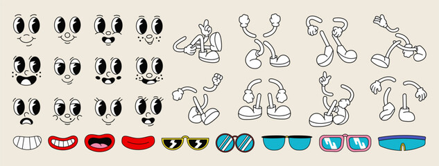 Set of 70s groovy comic vector. Collection of cartoon character faces in different emotions, hand, glove, glasses, shoes. Cute retro groovy hippie illustration for decorative, sticker
