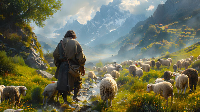 Shepherd and Loyal Sheepdog Guiding Flock Through Verdant Alpine Valley with Majestic Mountain Backdrop