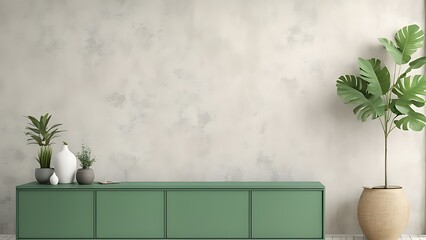  Green cabinet and accessories decor in living room interior on empty plaster wall background- 3D rendering 
