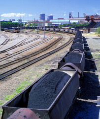  Coal trains arriving at the Newcastle steel works, New South Wales  from the Hunter valley coal mines.