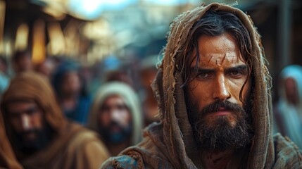 Jesus walks through the streets of Jerusalem, His face set like flint towards the cross, His determination to fulfill the Father's will unwavering. - obrazy, fototapety, plakaty