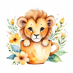 Cute little lion in a mug with the flowers on white background, watercolor style, made for kids