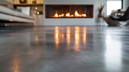The smooth concrete flooring reflects the warmth of the fire adding a touch of industrial charm to the space. 2d flat cartoon.
