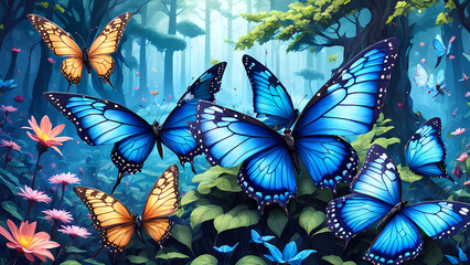 hordes of beautiful blue butterflies in the forest, flying freely and beautifully, Generative AI