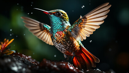 Hummingbird flying, iridescent feather, vibrant colors, beauty in nature 