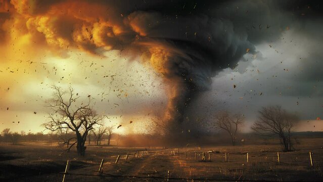 Huge tornado winds destroy dry fields of land and dust scatters.