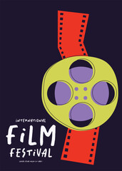 Movie and film festival poster template design background with film reel and filmstrip