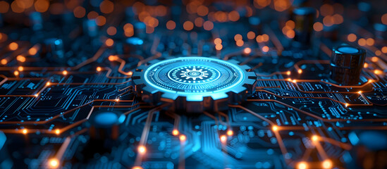 Futuristic Circuit Board with Overlaid Polygonal Gear Wheels on Abstract Digital Background