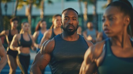 A personal trainer leads a group of individuals through a series of intense exercises reminding them of the health benefits of incorporating fresh juices into their diets.