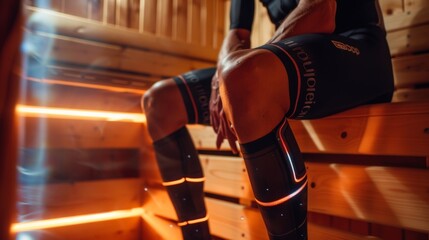 A cyclist sits in a sauna his legs covered in compression sleeves as he works on increasing his endurance for an upcoming race..