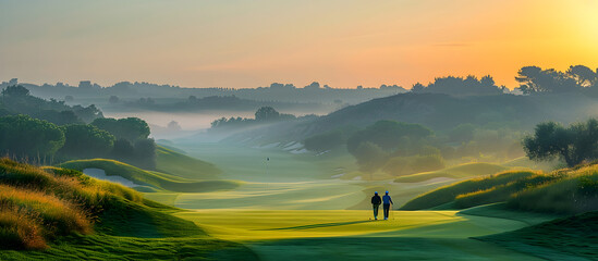 Golfers Enjoying a Scenic Round of Golf Amidst Rolling Hills and Vibrant Sunset Skies