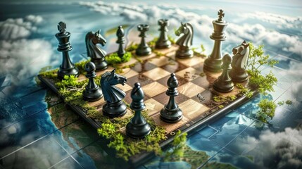 A chess board with pieces on it and a sky background. Scene is whimsical and playful