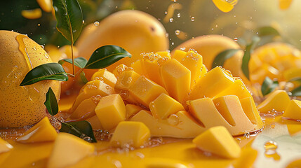 a mango, with a bright background. Some mangoes are cut open, while others are peeled open. It has a strong appetite.