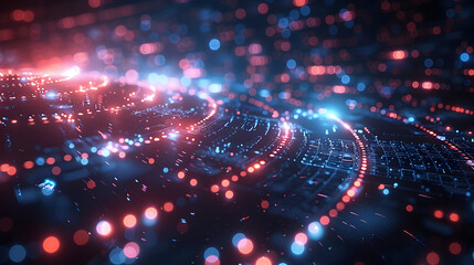 Interconnected Polygons A Futuristic Technology Themed with Glowing Circular Patterns on a Dark Blue Background