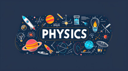 Colorful Illustrated Physics Concept Banner with Educational Symbols