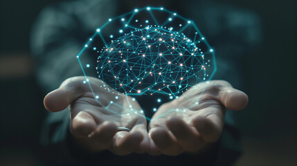 Digital Concept of a Glowing Brain Network Held in Human Hands