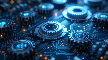 Fototapeta premium Intricately Woven Digital Circuitry with Integrated Gear Mechanism on a Vibrant Blue Backdrop Showcasing the Fusion of Technology and Machinery in a