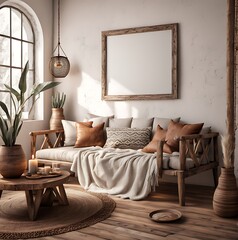  Mockup frame in nomadic boho interior background with rustic decor, 3d render 