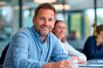 Close up of CEO Inspiring and Leading Employees with Enthusiasm and Vision in a Dynamic Office Meeting, 