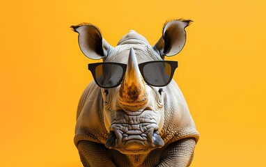Creative animal concept. Rhino with sunglasses isolated on pastel yellow background.