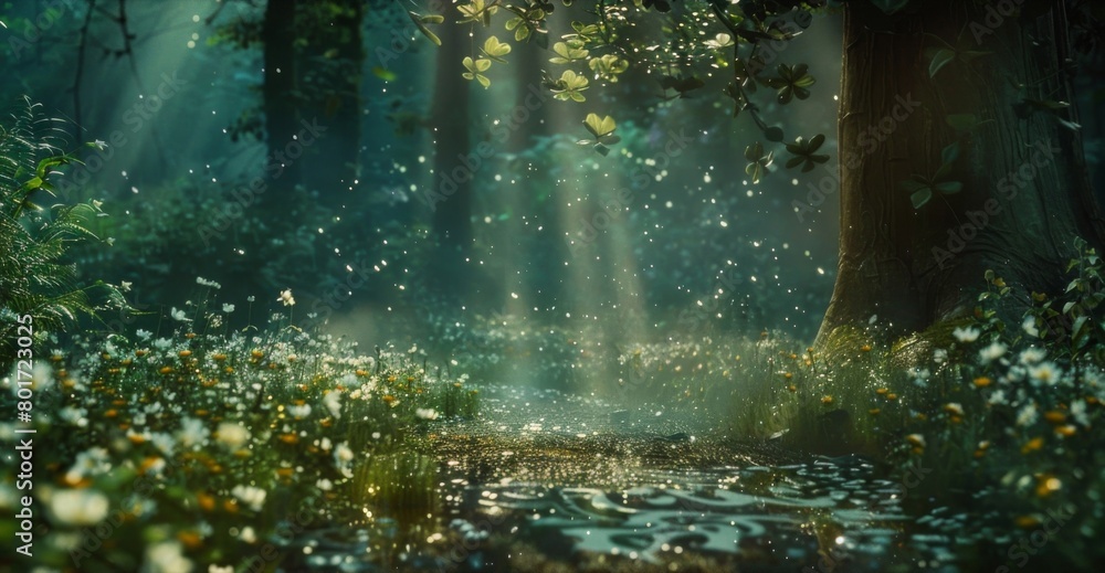 Poster surrounded by towering trees and a babbling brook a hidden clearing reveals itself abundant with shi