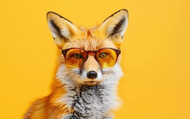 Creative animal concept. Fox with sunglasses isolated on pastel yellow background. 