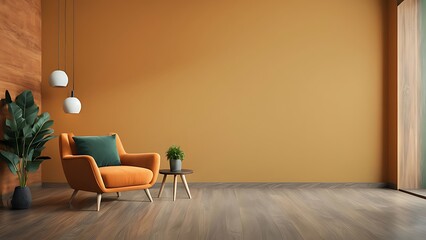  Modern wooden living room with an orange armchair on empty dark green wall background, Minimal room- 3D rendering 