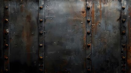 A large, dark, rusted metal plate with a vintage, retro, grungy texture serves as an industrial mechanic decoration surface.