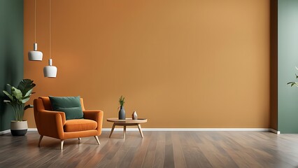  Modern wooden living room with an orange armchair on empty dark green wall background, Minimal room- 3D rendering 