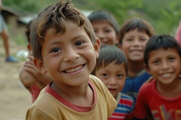 Portrait of a boy smiling at the camera with his friends in the background