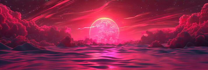 Mysterious cosmic event over alien landscape - A dramatic scene portraying a cosmic, space-related event over a surreal, otherworldly landscape bathed in red light