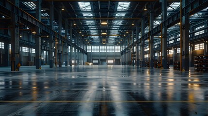 A warehouse with concrete floors and high ceilings exhibited the industrial architecture of an open space, ideal for displaying goods or arranging events, enhancing business shipping transportation.