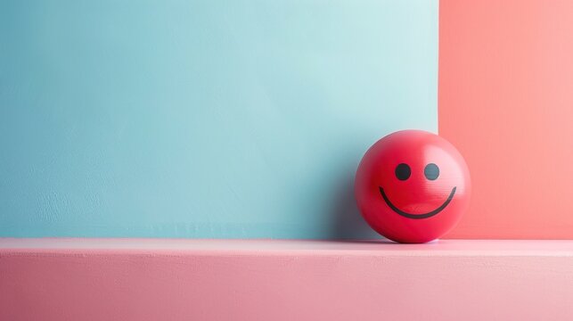 Red smiley face emoticon on colorful pastel background.