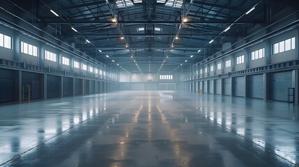 A warehouse with concrete floors and high ceilings exhibited the industrial architecture of an open space, ideal for displaying goods or arranging events, enhancing business shipping transportation.