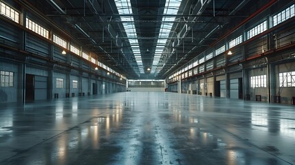 A warehouse with concrete floors and high ceilings exhibited the industrial architecture of an open space, ideal for displaying goods or arranging events, enhancing business shipping transportation.