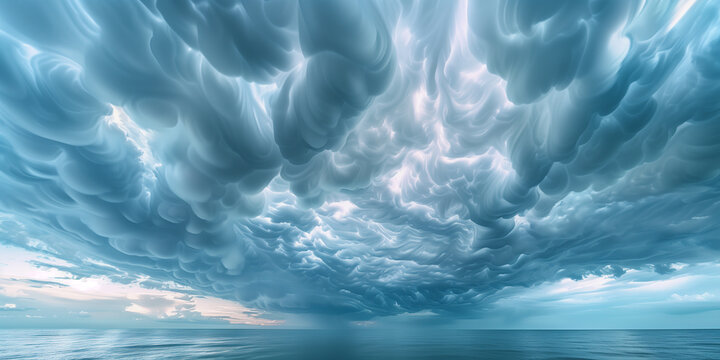Ethereal mammatus clouds form an extraordinary pattern over the ocean, creating a surreal and dynamic sky that captivates the viewer.