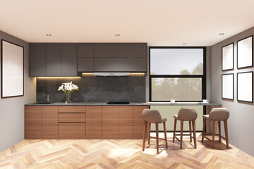 3d rendering illustrationsof interior kitchen wood, gray cabinet side the window with breakfast table, bar chair and 5 frames mock up. Wood parquet floor and white ceiling. Set 43