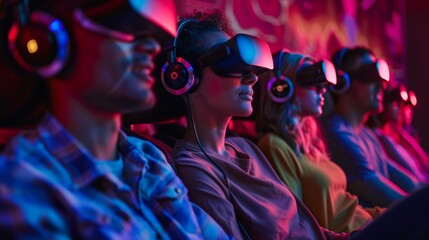 A group of friends enjoying a movie together with each person wearing headphones that deliver audio descriptions of the visual scenes for a fully immersive experience..