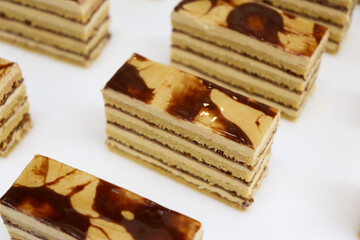 マーブル模様のスポンジケーキ、コーヒーとチョコとナッツプラリネクリームのケーキ