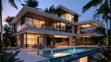 Fototapeta premium A luxurious modern villa mansion in Miami, with a garden and a swimming pool, is surrounded by palm trees, offering a tropical vacation vibe and large windows for a grand view.