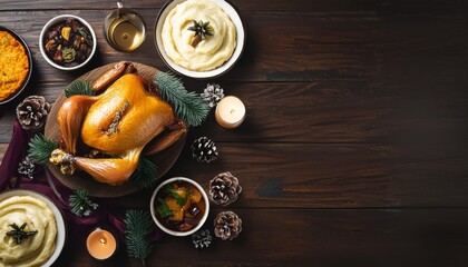 Festive table displaying turkey and various foods, copy space