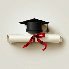 Graduation hat on diploma with cream ribbon - Elegantly presented diploma scroll with a black graduation cap and a cream-colored ribbon