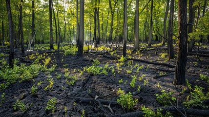 New growth illuminates a dark, burnt forest - The image beautifully captures the paradox of life as vibrant green growth brings color to the monochrome landscape of a burnt forest