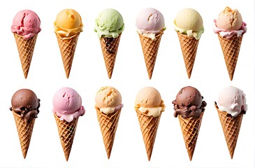 Set of Ice cream scoop on waffle cone cutout,  Many assorted different flavour Mockup template for artwork design. 
