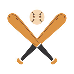Crossed wooden baseball bats and ball, vector icon. Professional sports equipment for softball, training, competitions. Game match tools. Hand drawn doodle, cartoon clipart. For print, label, logo